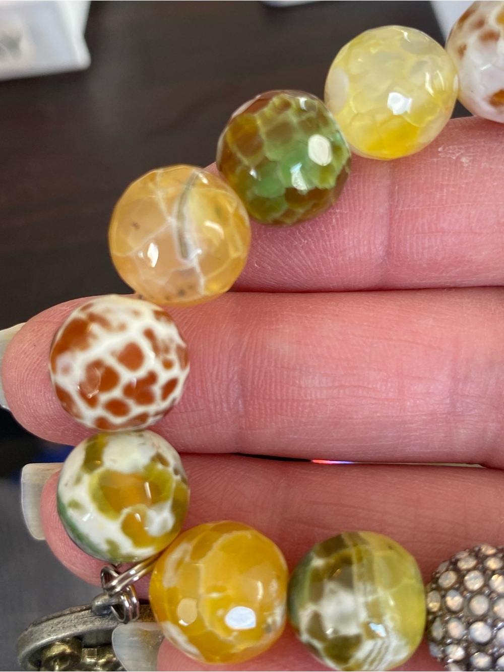 Multicolor Fire/Dragon Vein Agate Beaded Bracelet with a silver 2 side charm - Picture 13 of 17